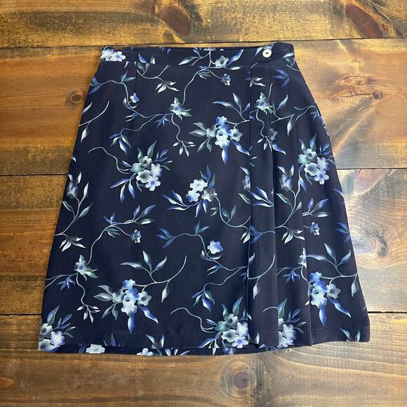 90s Petite Sophisticate Navy Dark Floral Faux Wrap Mini Skirt Silk Women's 6 - Picture 3 of 8